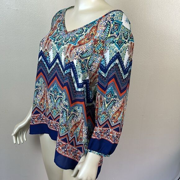 Renee C. No iron Large Paisley Chevron V-Neck 3/4 Sleeve Vibrant Boho Blouse top - Picture 6 of 11